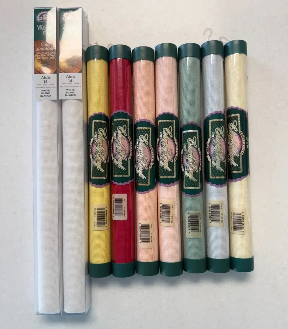 Lot of 9 DMC Charles Craft Aida Cloth Fabric Tubes 14 Count Colors White